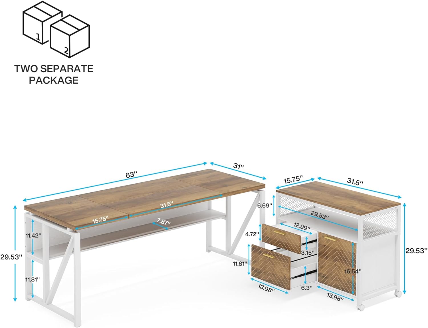 55" / 63" L-Shaped Executive Desk with Storage Shelves and Mobile File Cabinet Tribesigns